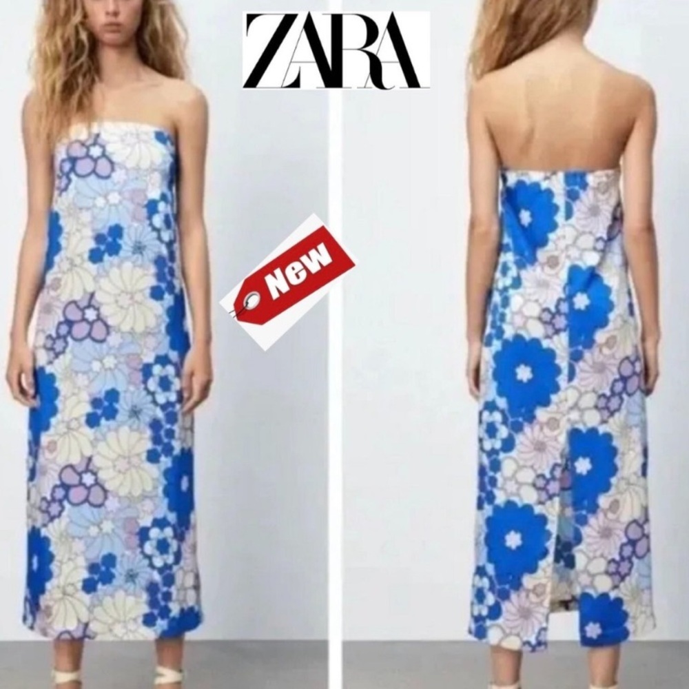 Zara Strapless Floral Midi Dress in Blue and Cream Size Small